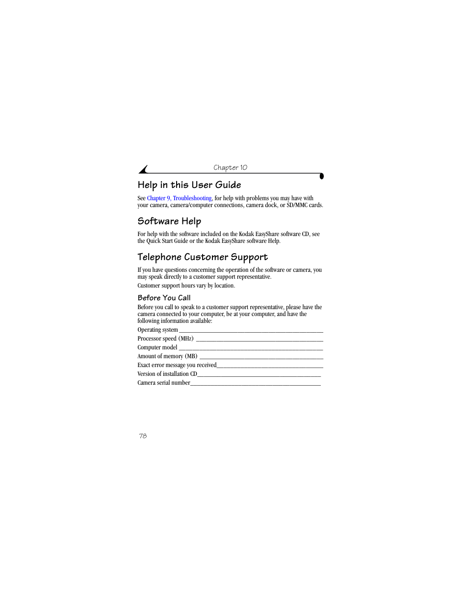 Help in this user guide, Software help, Telephone customer support | Before you call | Kodak CX4310 User Manual | Page 86 / 108