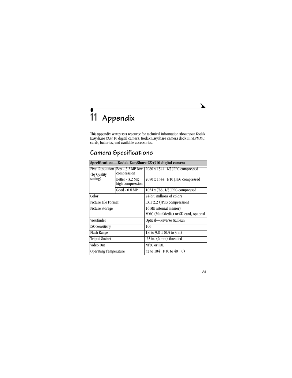 11 appendix, Camera specifications, Appendix | Kodak CX4310 User Manual | Page 89 / 108