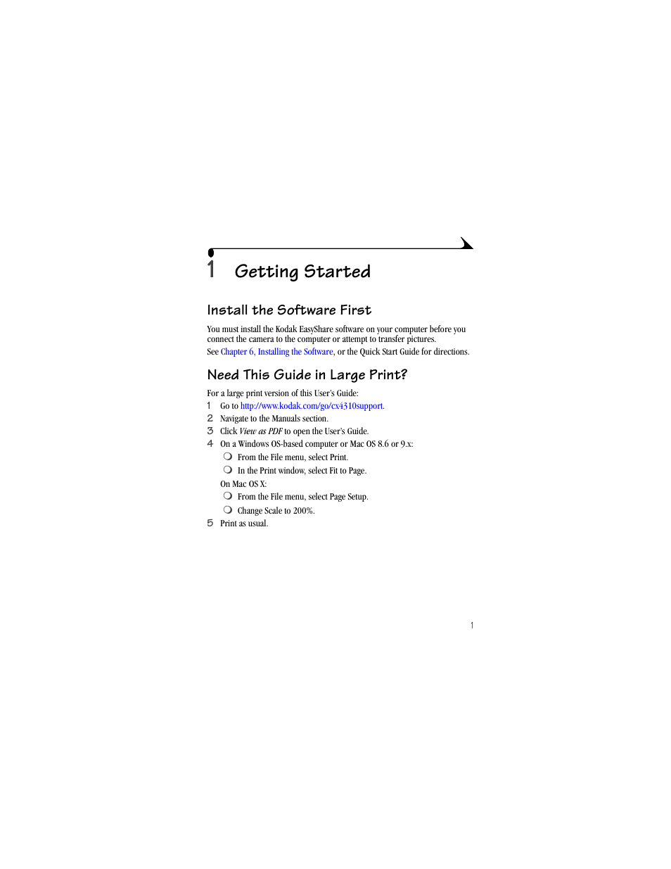 1 getting started, Install the software first, Need this guide in large print | Getting started | Kodak CX4310 User Manual | Page 9 / 108