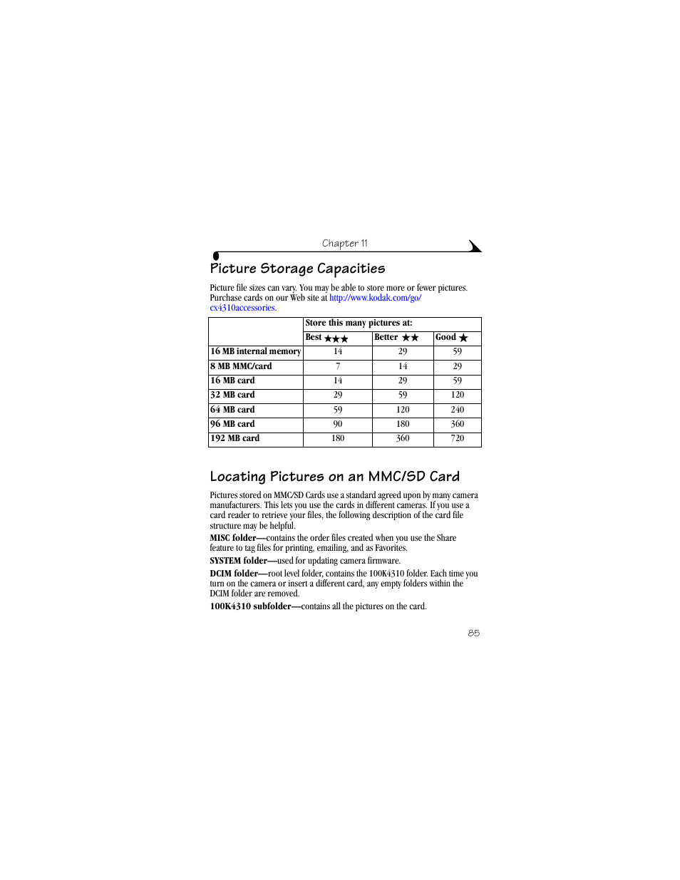 Picture storage capacities, Locating pictures on an mmc/sd card | Kodak CX4310 User Manual | Page 93 / 108