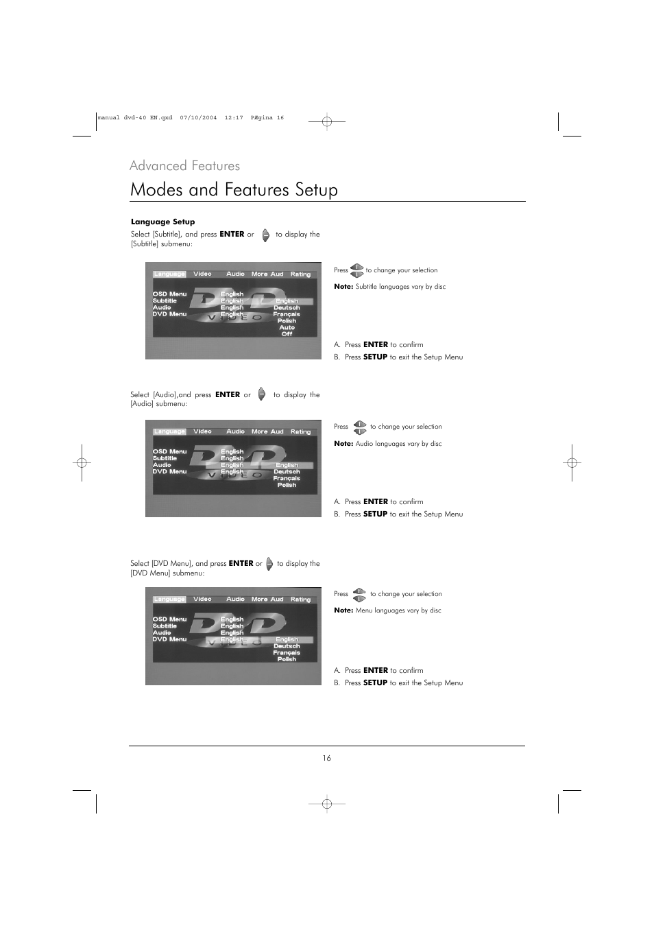 Modes and features setup, Advanced features | Kodak DVD 40 User Manual | Page 16 / 37