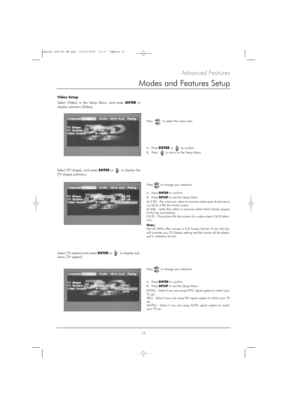 Modes and features setup, Advanced features | Kodak DVD 40 User Manual | Page 17 / 37