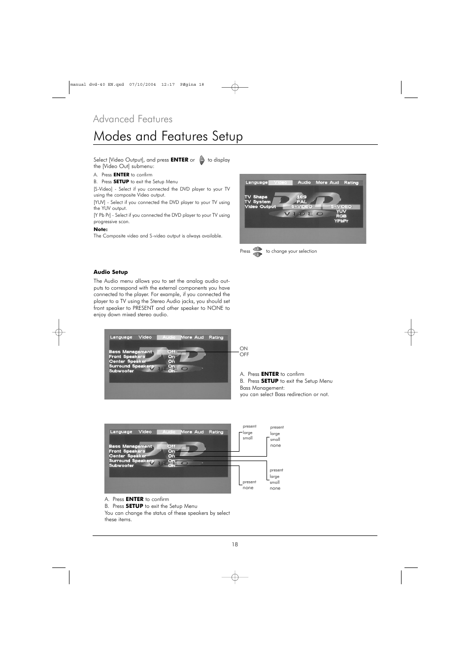 Modes and features setup, Advanced features | Kodak DVD 40 User Manual | Page 18 / 37