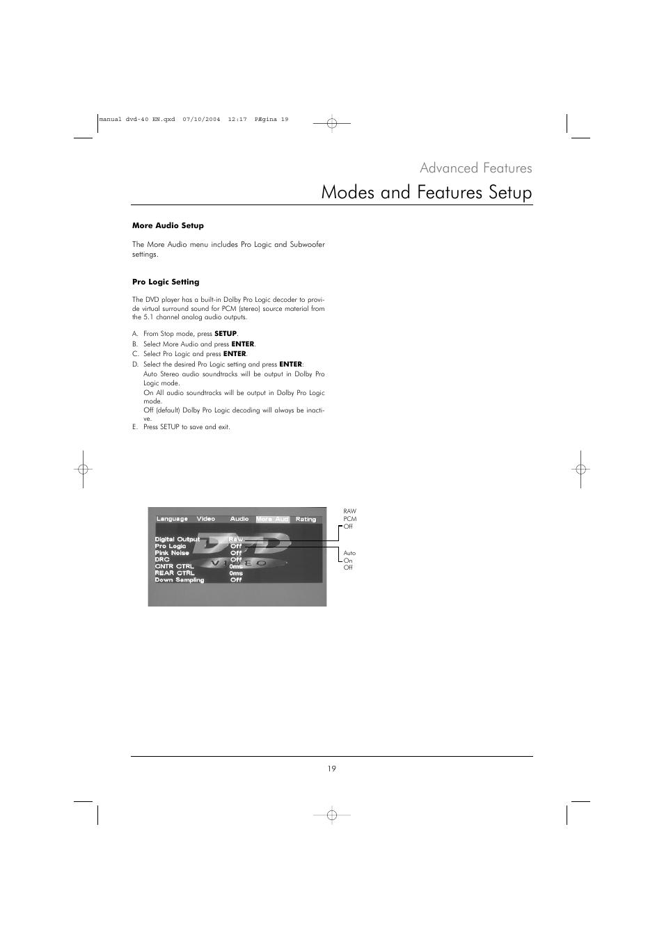 Modes and features setup, Advanced features | Kodak DVD 40 User Manual | Page 19 / 37