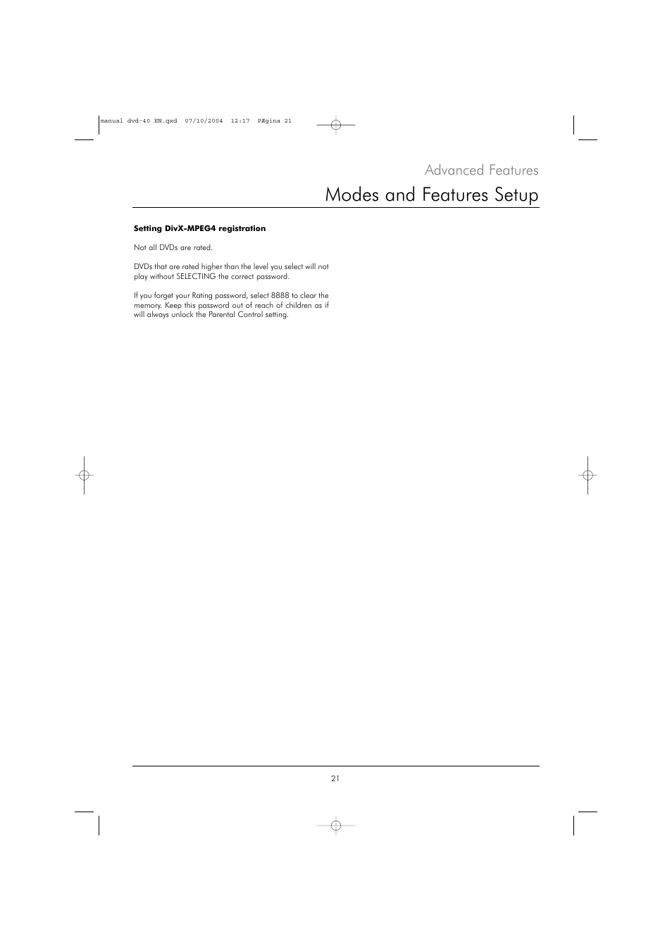 Modes and features setup, Advanced features | Kodak DVD 40 User Manual | Page 21 / 37