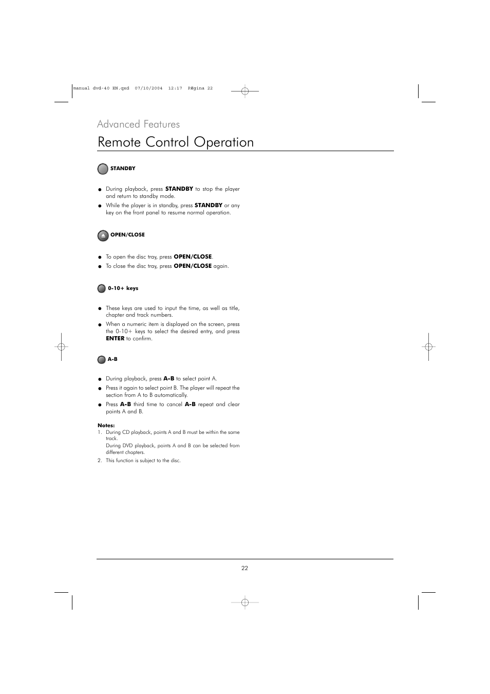 Remote control operation, Advanced features | Kodak DVD 40 User Manual | Page 22 / 37
