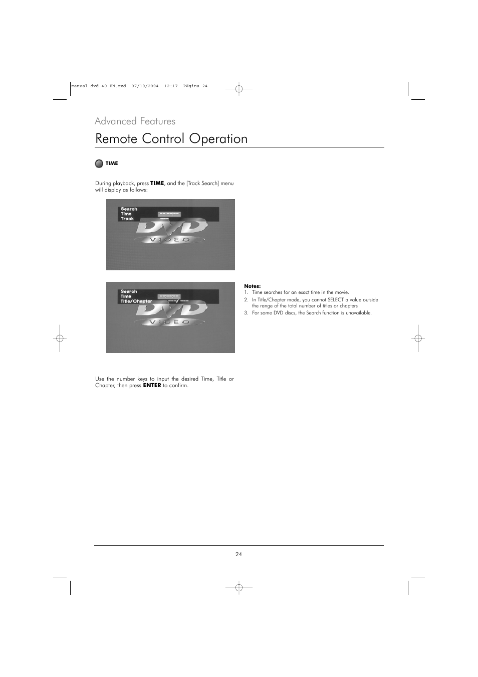 Remote control operation, Advanced features | Kodak DVD 40 User Manual | Page 24 / 37