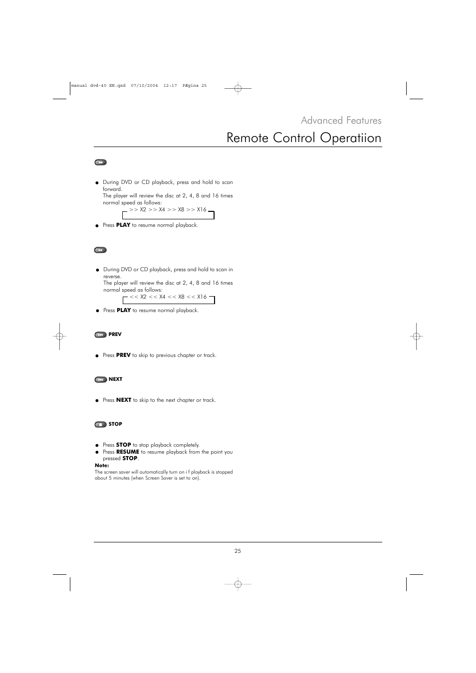 Remote control operatiion, Advanced features | Kodak DVD 40 User Manual | Page 25 / 37