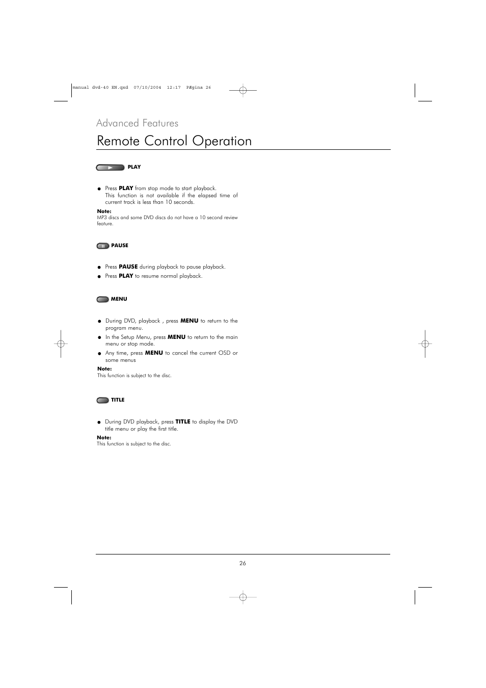 Remote control operation, Advanced features | Kodak DVD 40 User Manual | Page 26 / 37