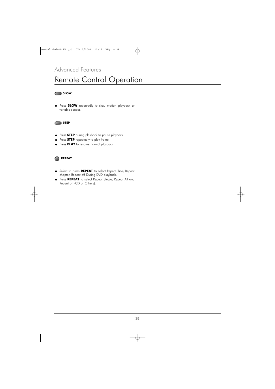 Remote control operation, Advanced features | Kodak DVD 40 User Manual | Page 28 / 37