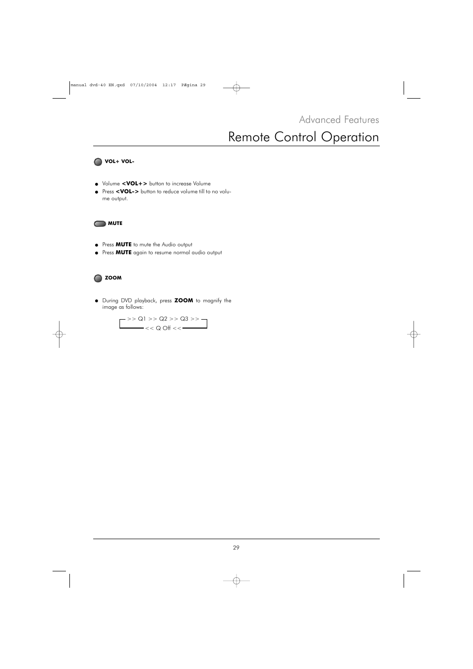 Remote control operation, Advanced features | Kodak DVD 40 User Manual | Page 29 / 37