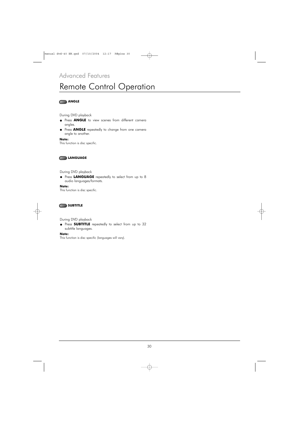 Remote control operation, Advanced features | Kodak DVD 40 User Manual | Page 30 / 37