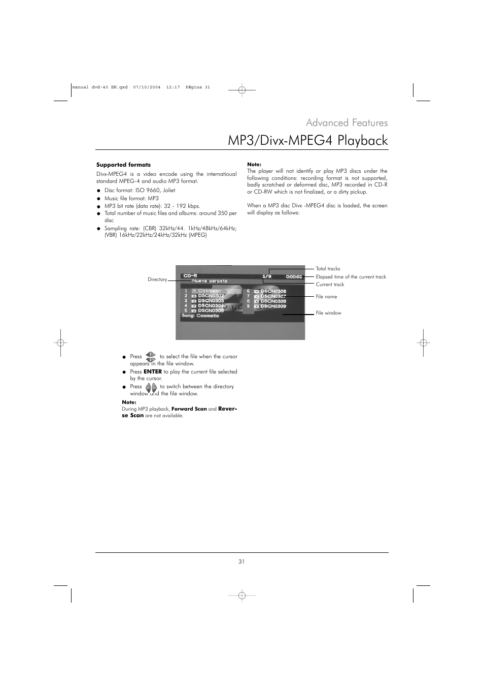 Mp3/divx-mpeg4 playback, Advanced features | Kodak DVD 40 User Manual | Page 31 / 37