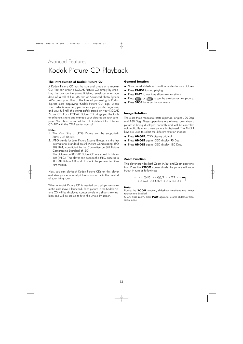 Kodak picture cd playback, Avanced features | Kodak DVD 40 User Manual | Page 32 / 37
