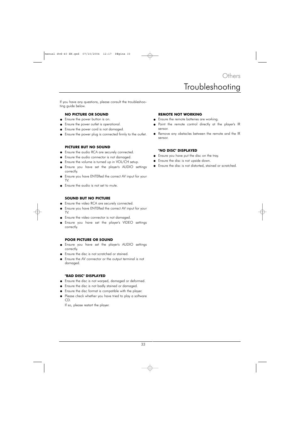 Troubleshooting, Others | Kodak DVD 40 User Manual | Page 33 / 37