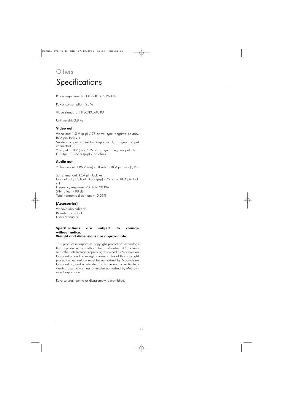 Specifications, Others | Kodak DVD 40 User Manual | Page 35 / 37