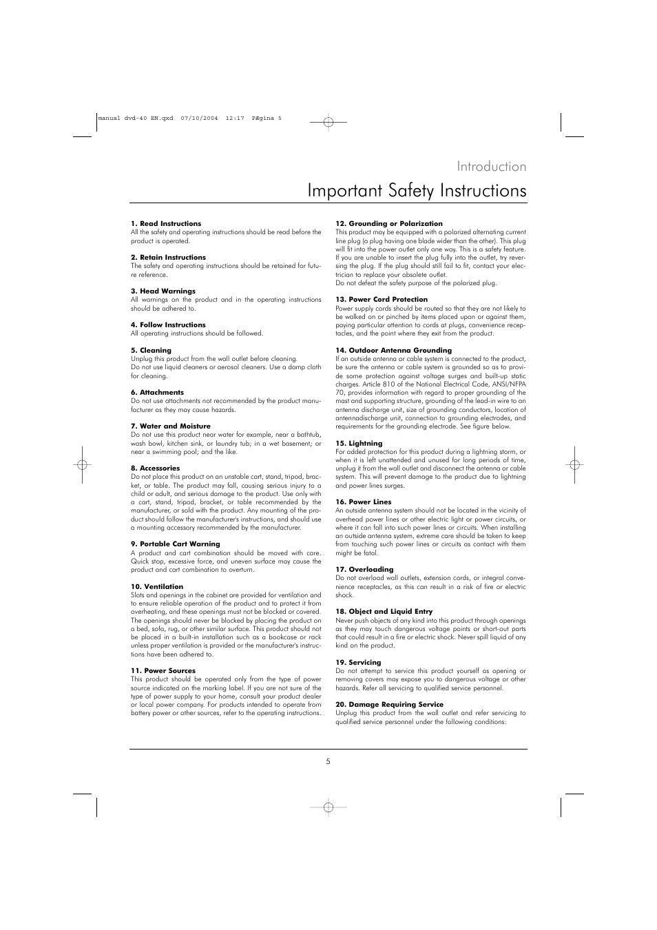 Important safety instructions, Introduction | Kodak DVD 40 User Manual | Page 5 / 37