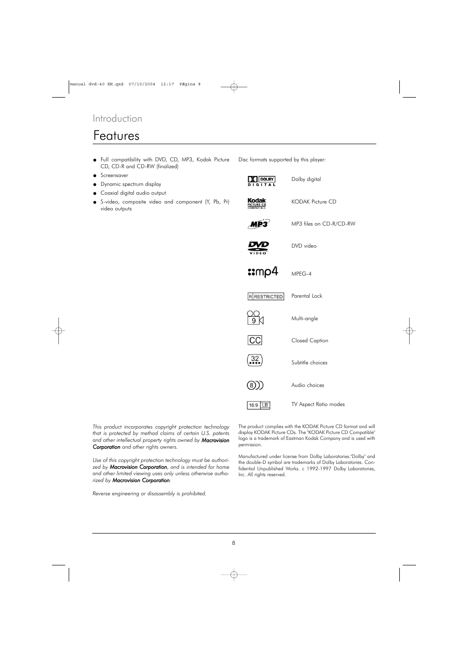 Features, Introduction | Kodak DVD 40 User Manual | Page 8 / 37