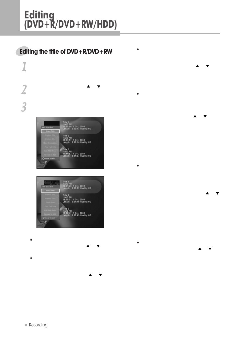 Editing (dvd+r/dvd+rw/hdd), Editing the title of dvd+r/dvd+rw | Kodak DRHD-120 User Manual | Page 30 / 43