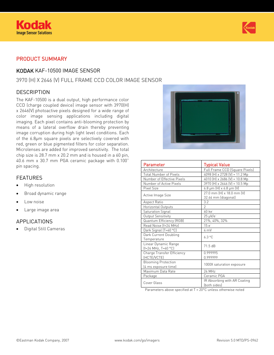 Kodak IMAGE SENSOR KAF-10500 User Manual | 2 pages