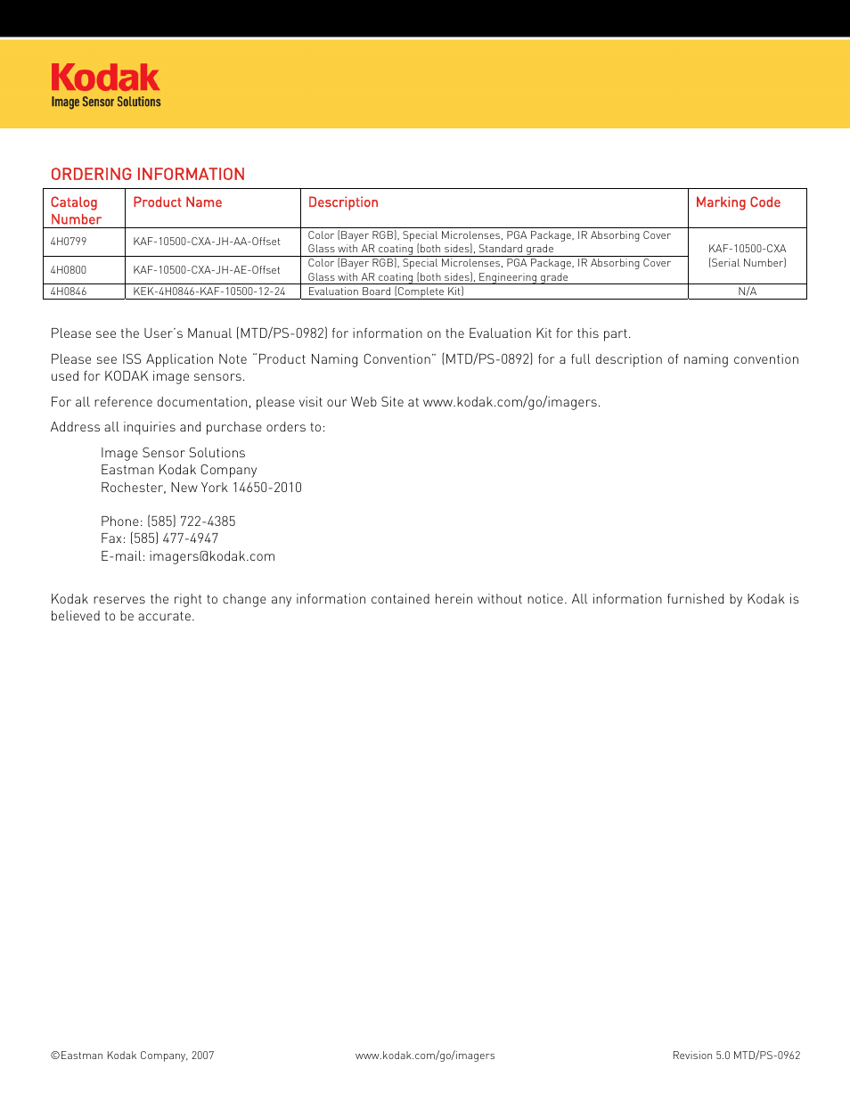 Ordering information | Kodak IMAGE SENSOR KAF-10500 User Manual | Page 2 / 2