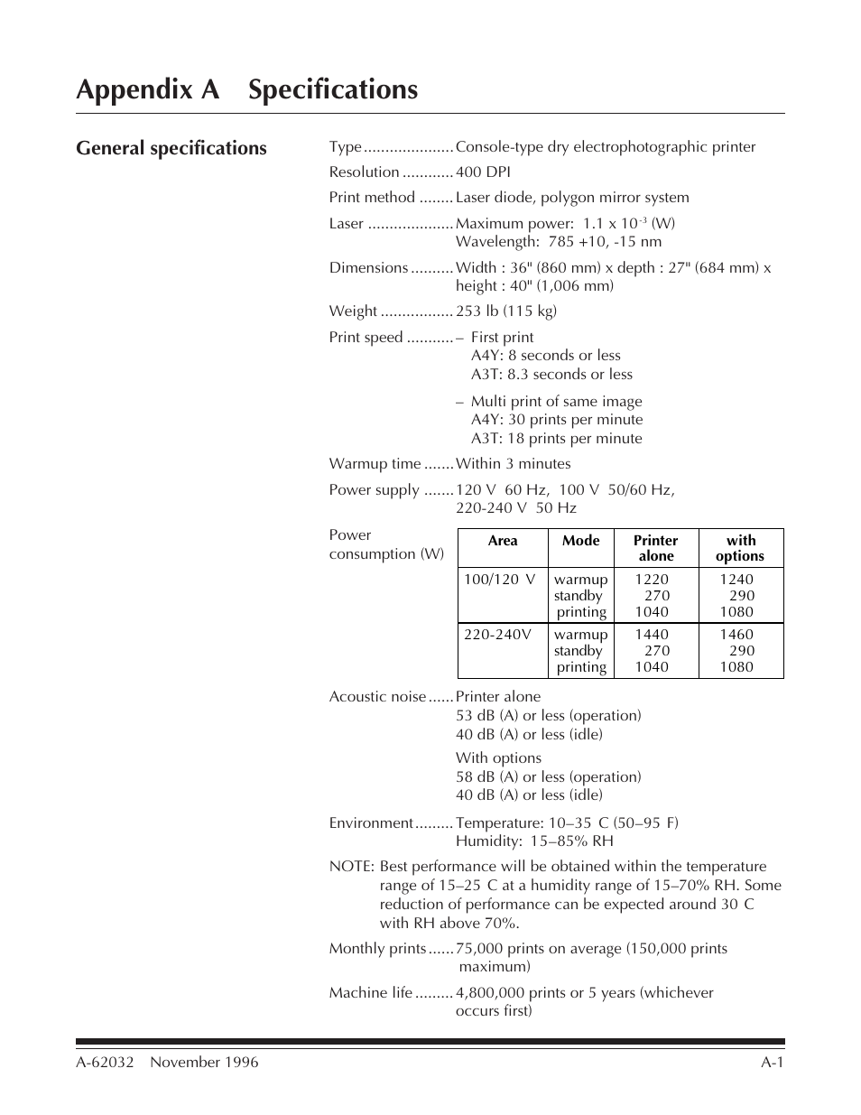 Appendix a specifications, General specifications | Kodak 7 User Manual | Page 18 / 34