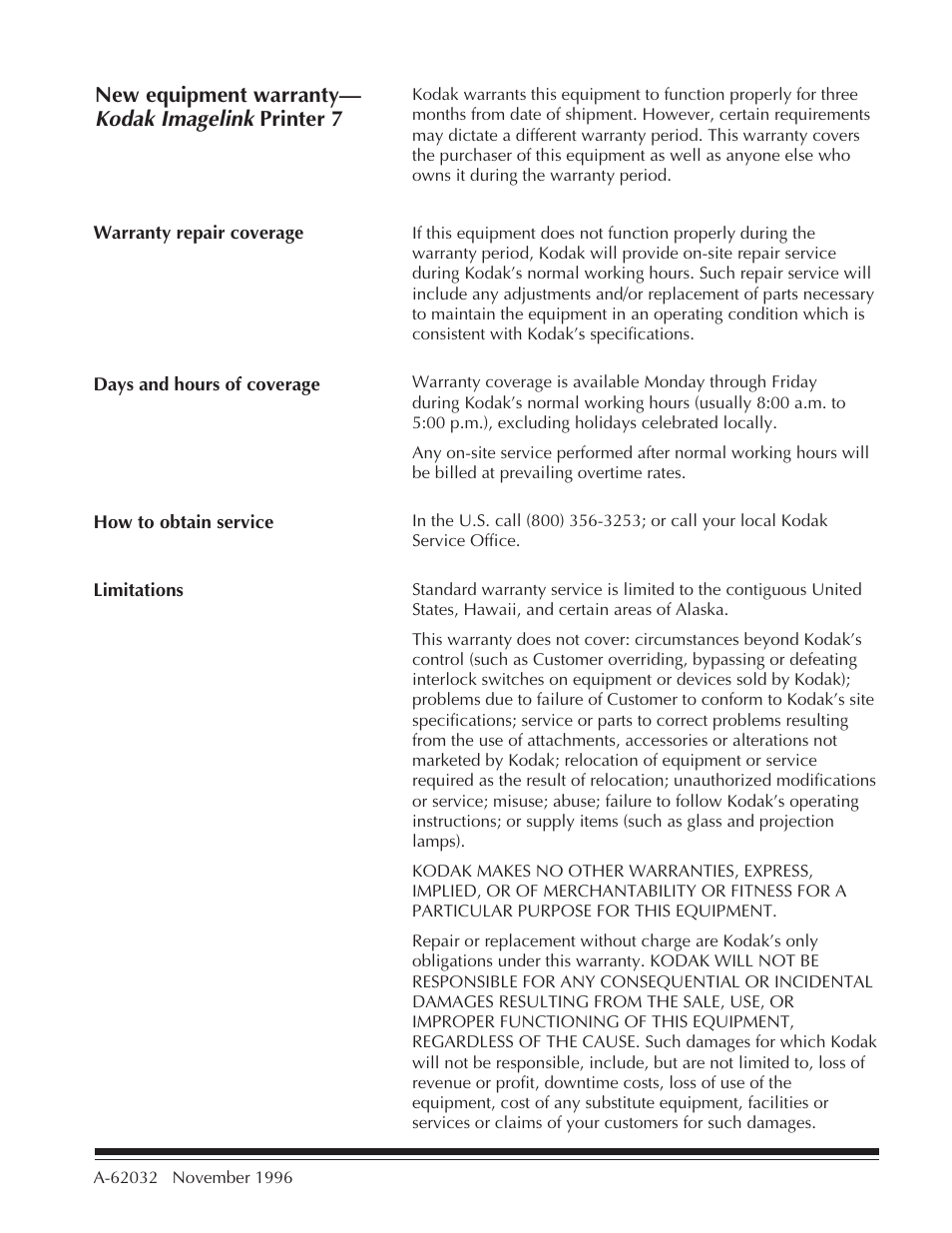 New equipment warranty—kodak imagelink printer 7, Kodak imagelink | Kodak 7 User Manual | Page 30 / 34