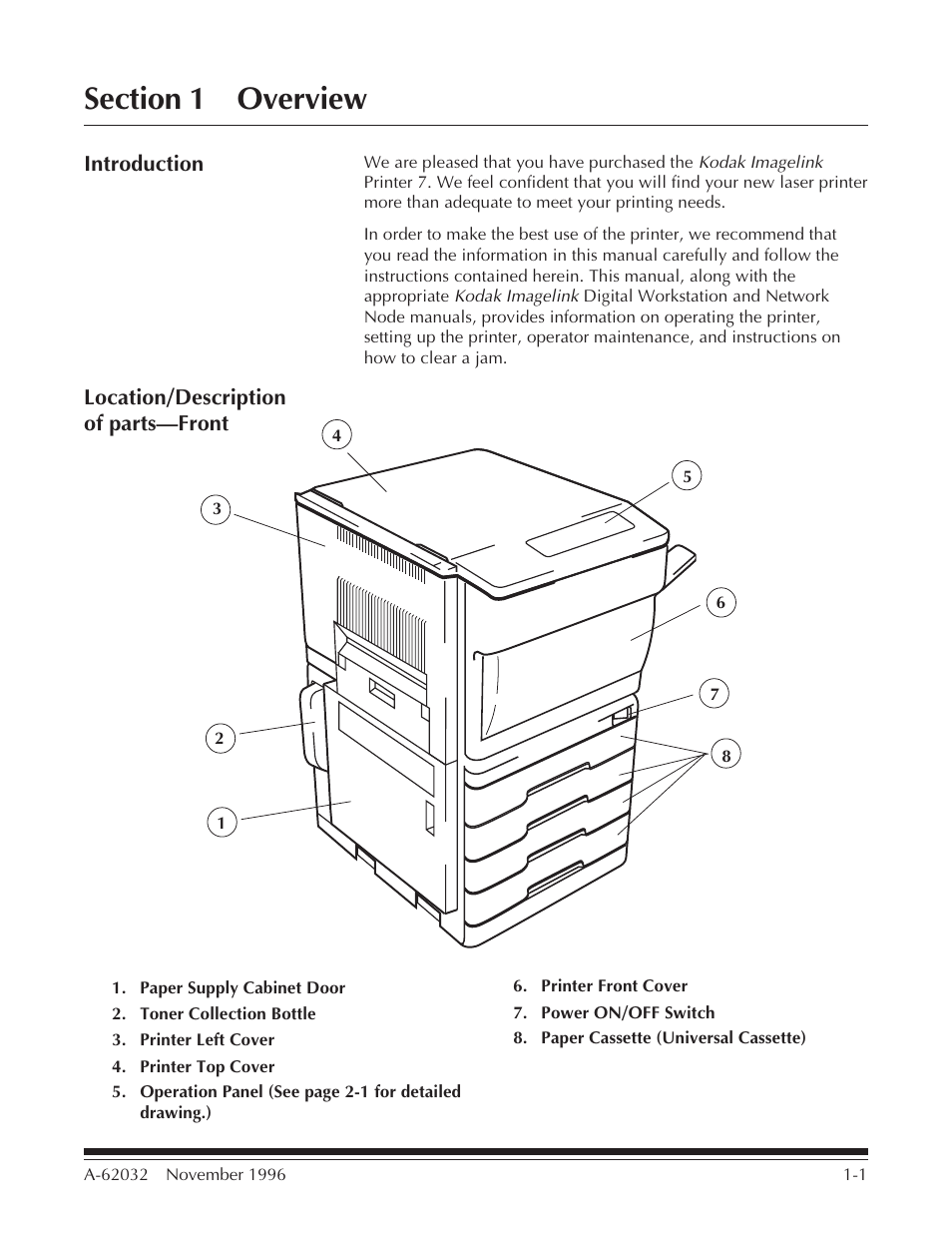 Section 1 overview, Introduction, Location/description of parts—front | Kodak 7 User Manual | Page 4 / 34