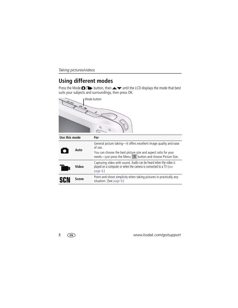 Using different modes | Kodak EasyShare C122 User Manual | Page 14 / 58