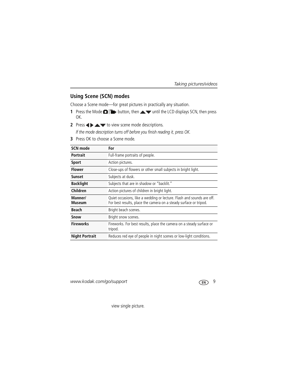 Using scene (scn) modes, Ation. (see | Kodak EasyShare C122 User Manual | Page 15 / 58