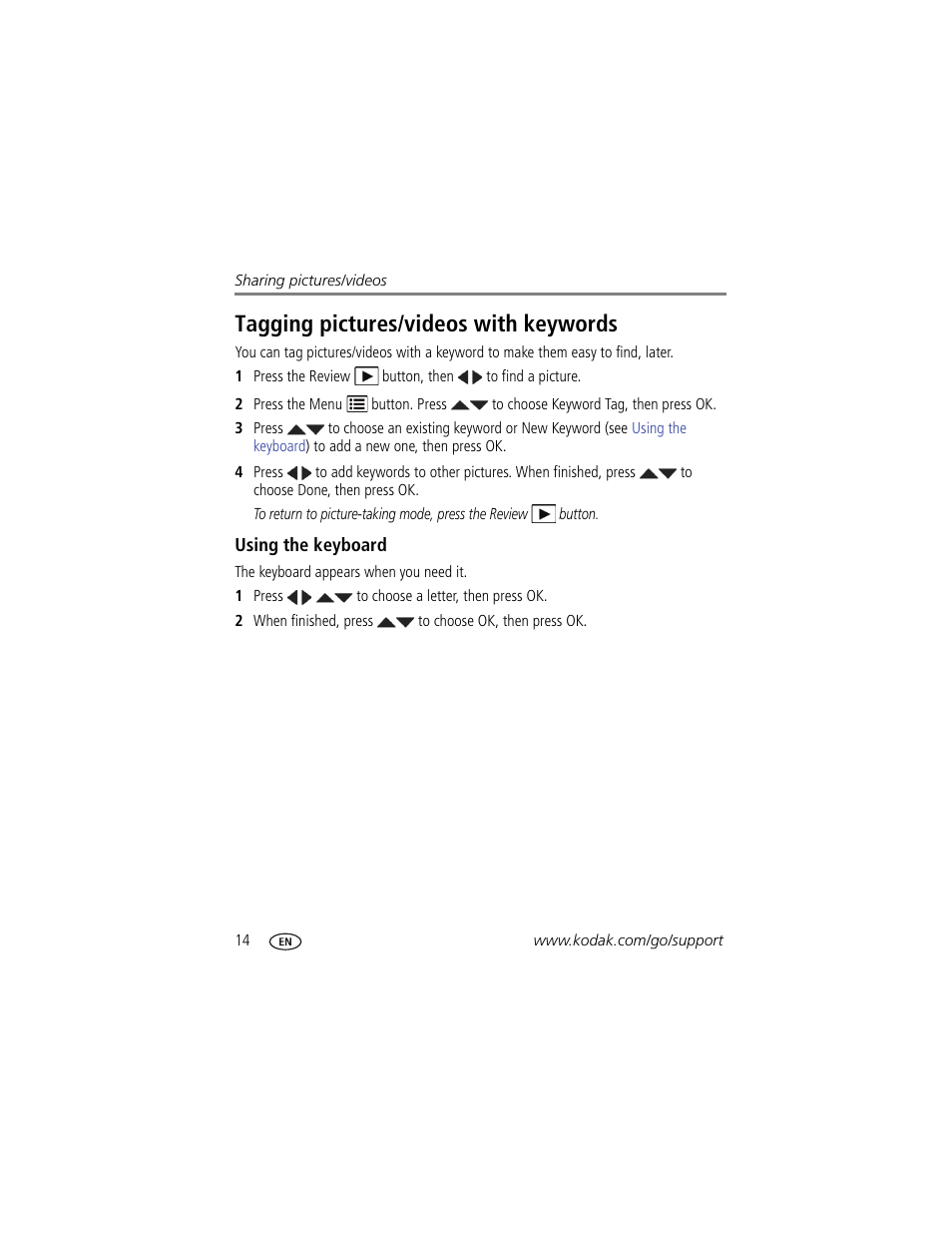 Tagging pictures/videos with keywords, Using the keyboard | Kodak EasyShare C122 User Manual | Page 20 / 58