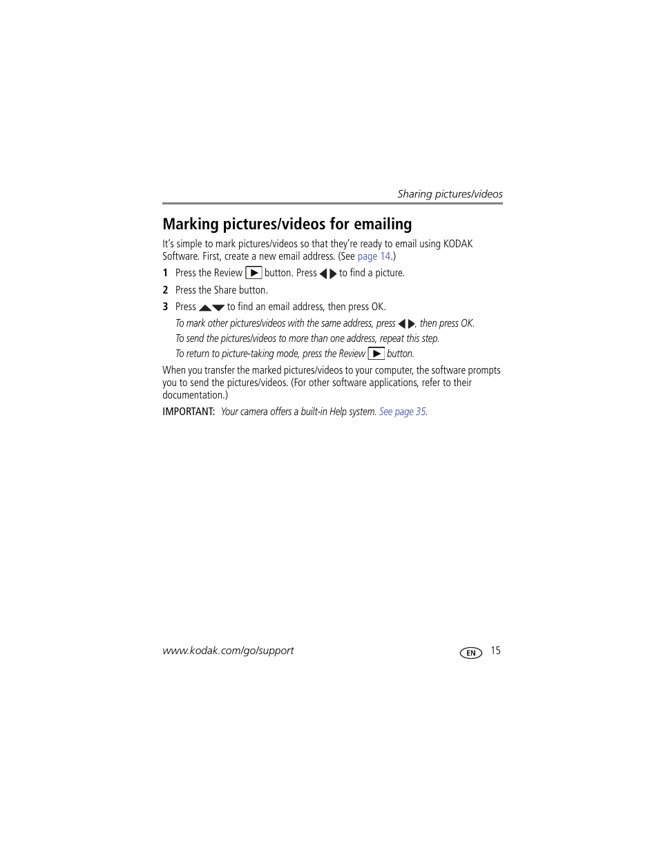 Marking pictures/videos for emailing | Kodak EasyShare C122 User Manual | Page 21 / 58