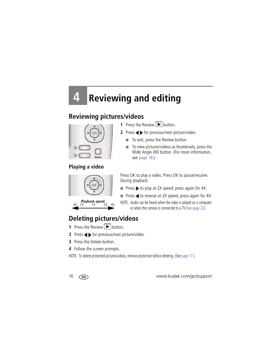 Reviewing and editing, Reviewing pictures/videos, Playing a video | Deleting pictures/videos, 4 reviewing and editing, Reviewing pictures/videos deleting pictures/videos | Kodak EasyShare C122 User Manual | Page 22 / 58