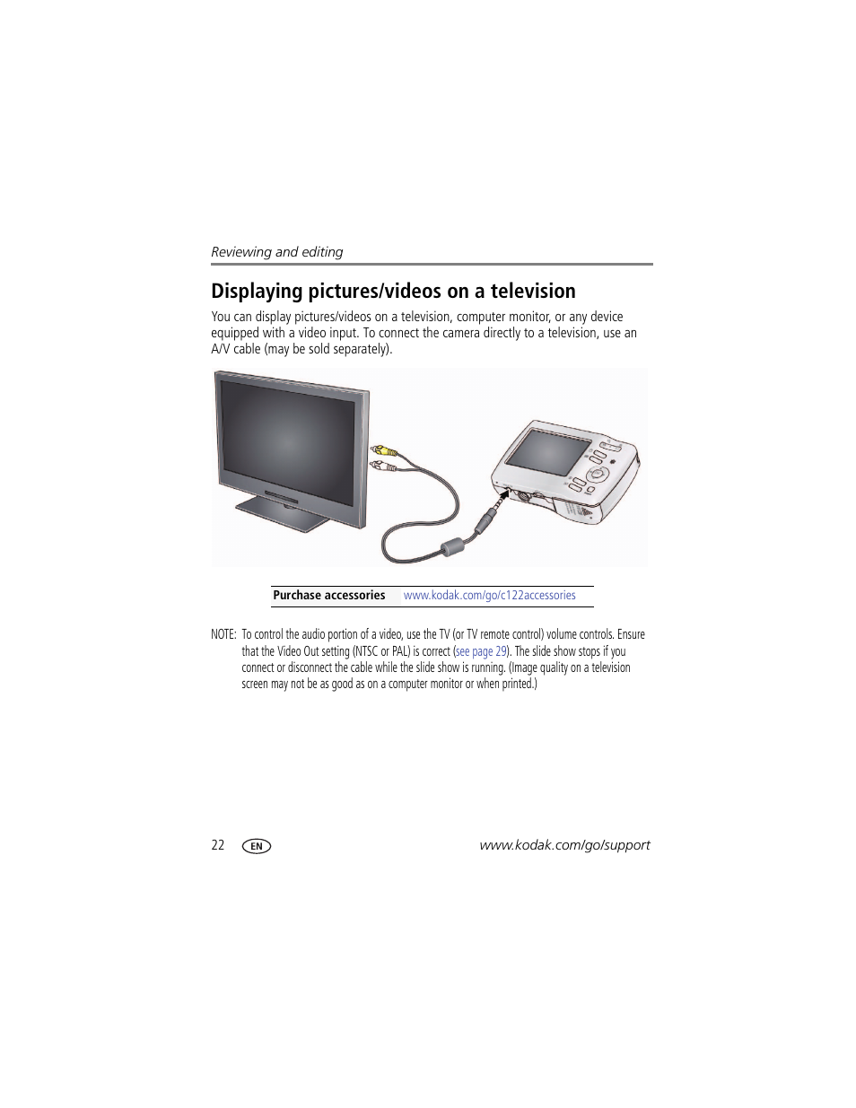 Displaying pictures/videos on a television | Kodak EasyShare C122 User Manual | Page 28 / 58