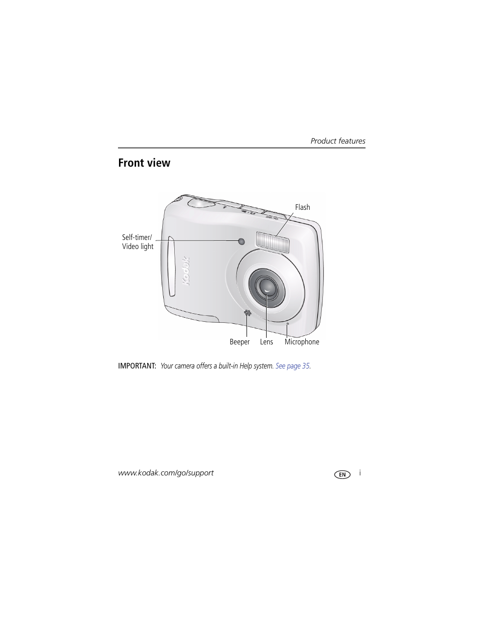 Product features, Front view | Kodak EasyShare C122 User Manual | Page 3 / 58
