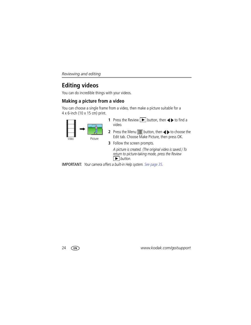 Editing videos, Making a picture from a video | Kodak EasyShare C122 User Manual | Page 30 / 58