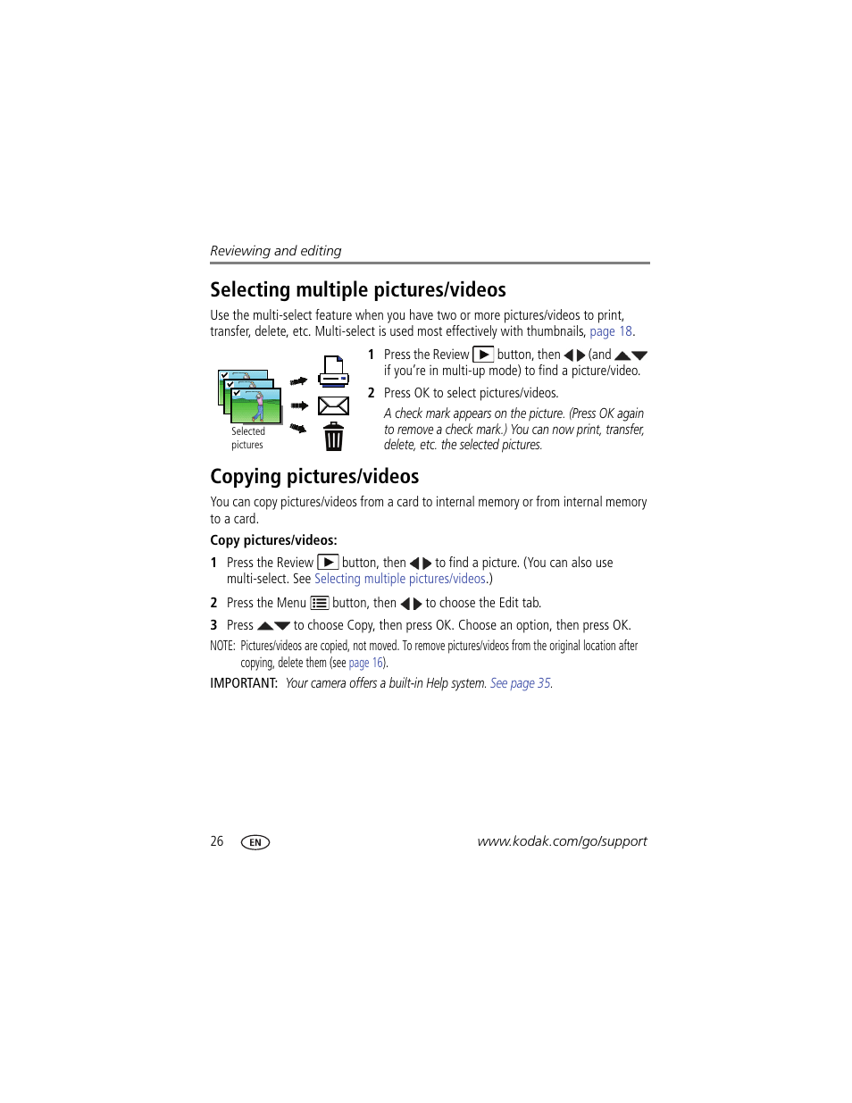 Selecting multiple pictures/videos, Copying pictures/videos | Kodak EasyShare C122 User Manual | Page 32 / 58