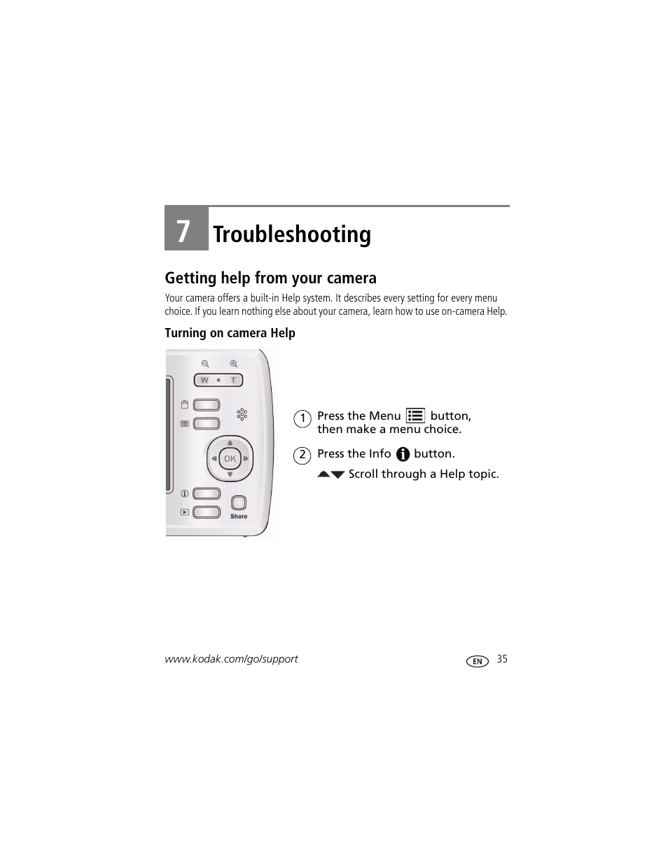 Troubleshooting, Getting help from your camera, Turning on camera help | 7 troubleshooting, Stem | Kodak EasyShare C122 User Manual | Page 41 / 58