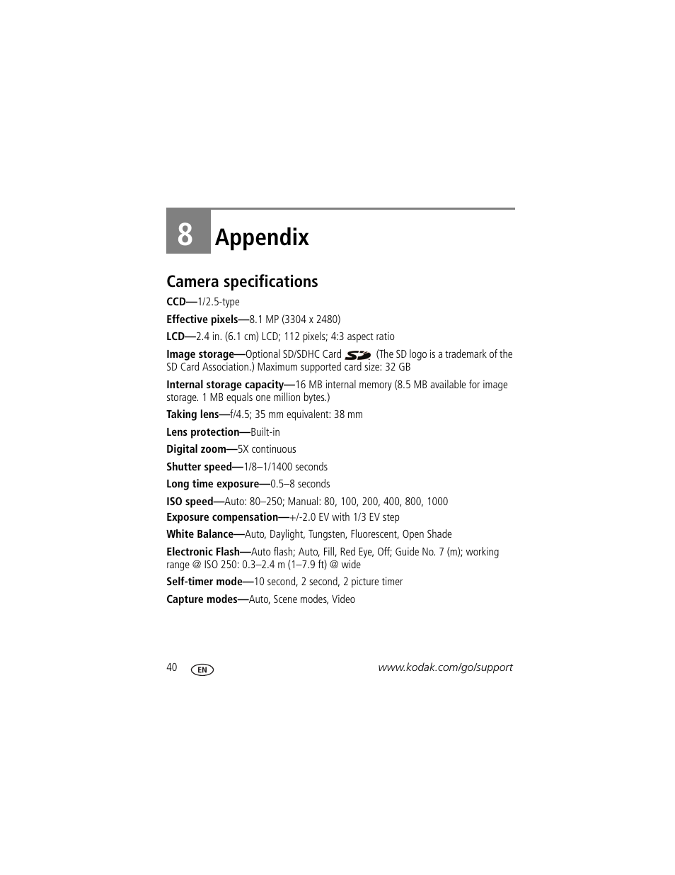 Appendix, Camera specifications, 8 appendix | Kodak EasyShare C122 User Manual | Page 46 / 58