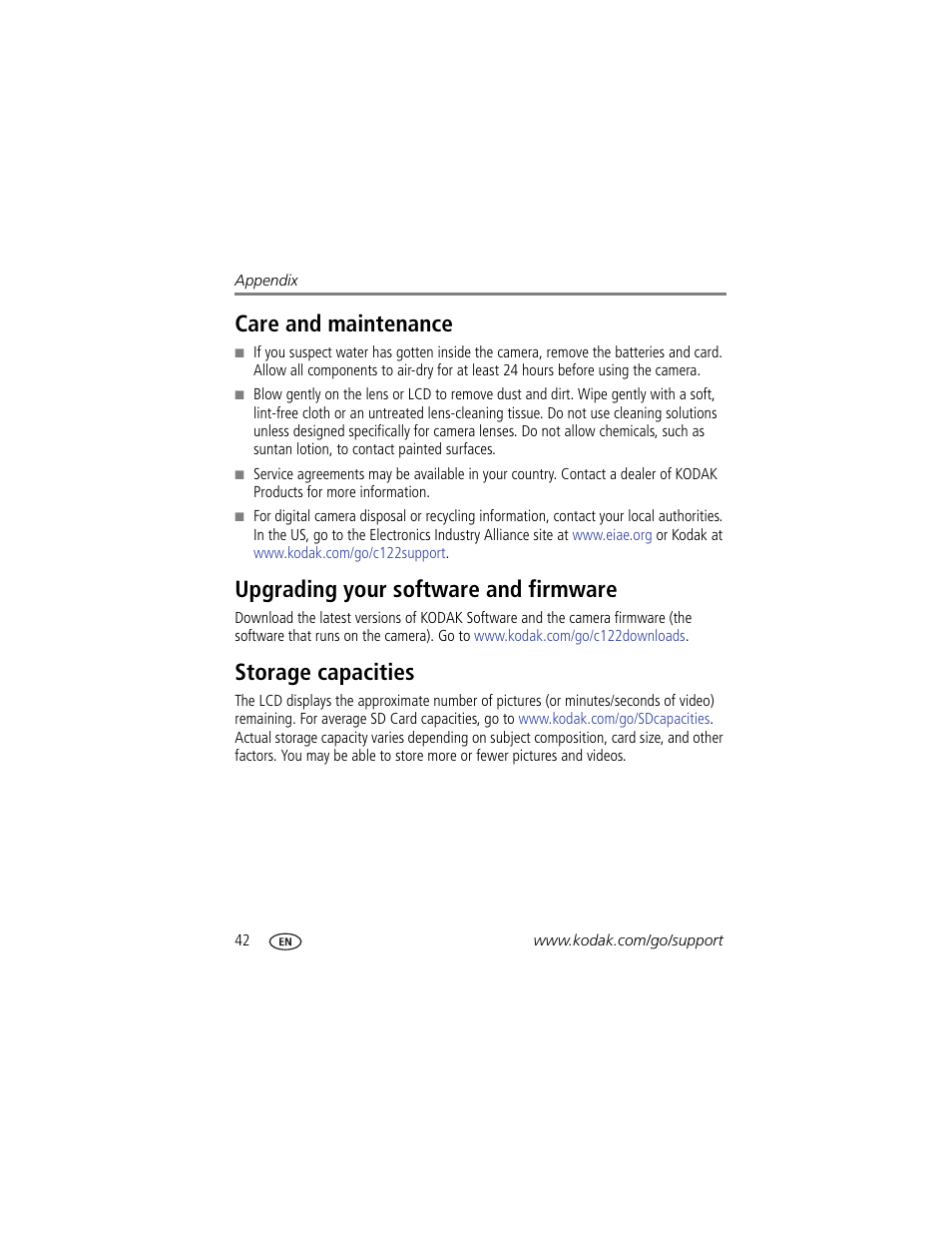 Care and maintenance, Upgrading your software and firmware, Storage capacities | The lens | Kodak EasyShare C122 User Manual | Page 48 / 58