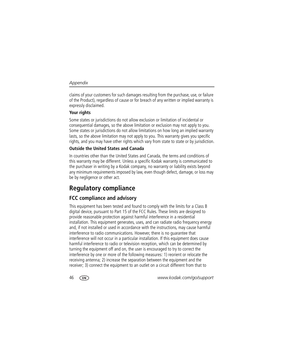 Regulatory compliance, Fcc compliance and advisory | Kodak EasyShare C122 User Manual | Page 52 / 58