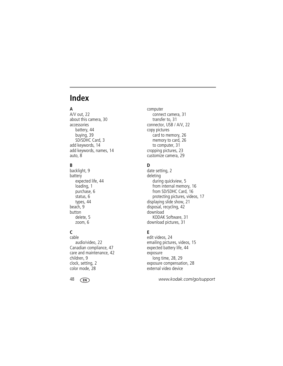 Index | Kodak EasyShare C122 User Manual | Page 54 / 58