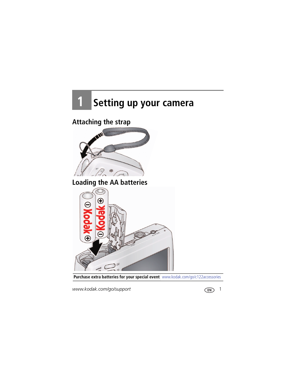 Setting up your camera, Attaching the strap, Loading the aa batteries | 1 setting up your camera, Attaching the strap loading the aa batteries | Kodak EasyShare C122 User Manual | Page 7 / 58