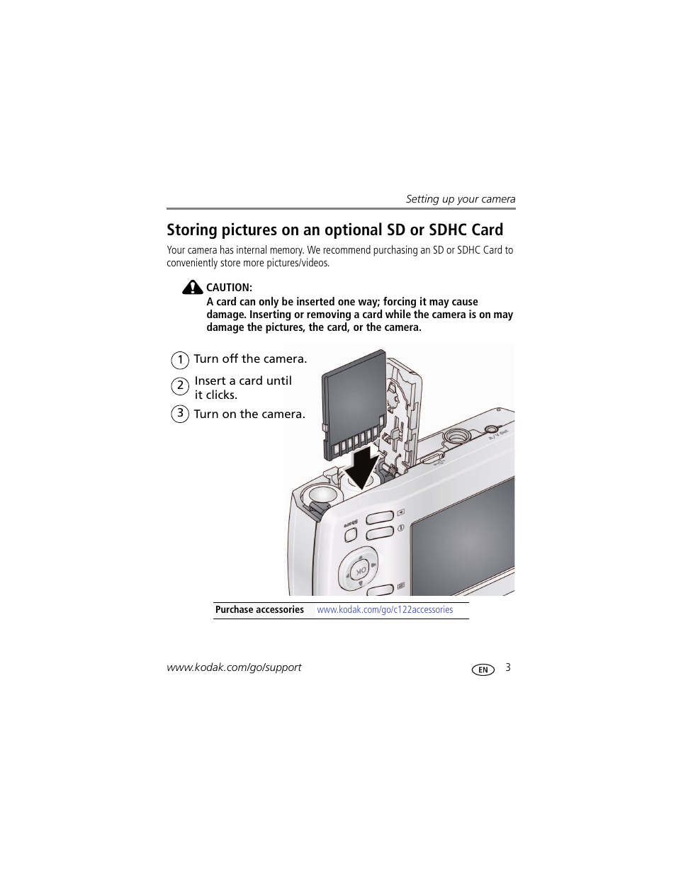 Storing pictures on an optional sd or sdhc card | Kodak EasyShare C122 User Manual | Page 9 / 58