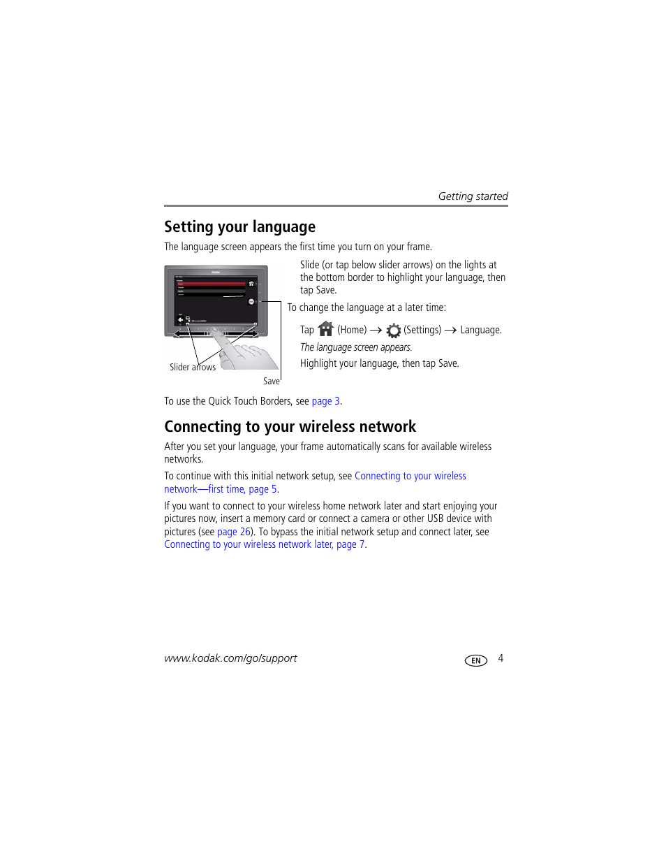 Setting your language, Connecting to your wireless network | Kodak Digital Photo Frame User Manual | Page 11 / 89