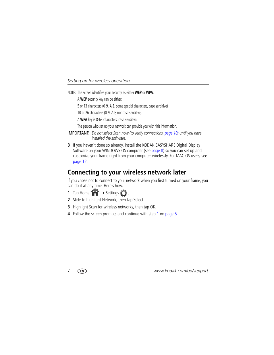 Connecting to your wireless network later | Kodak Digital Photo Frame User Manual | Page 14 / 89