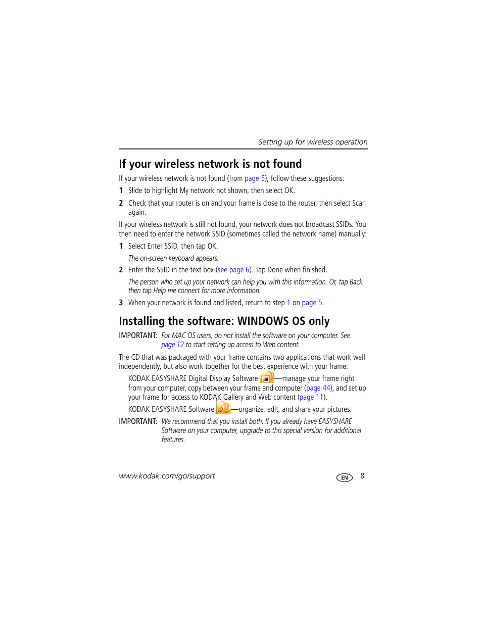 If your wireless network is not found, Installing the software: windows os only, Then return | Kodak Digital Photo Frame User Manual | Page 15 / 89