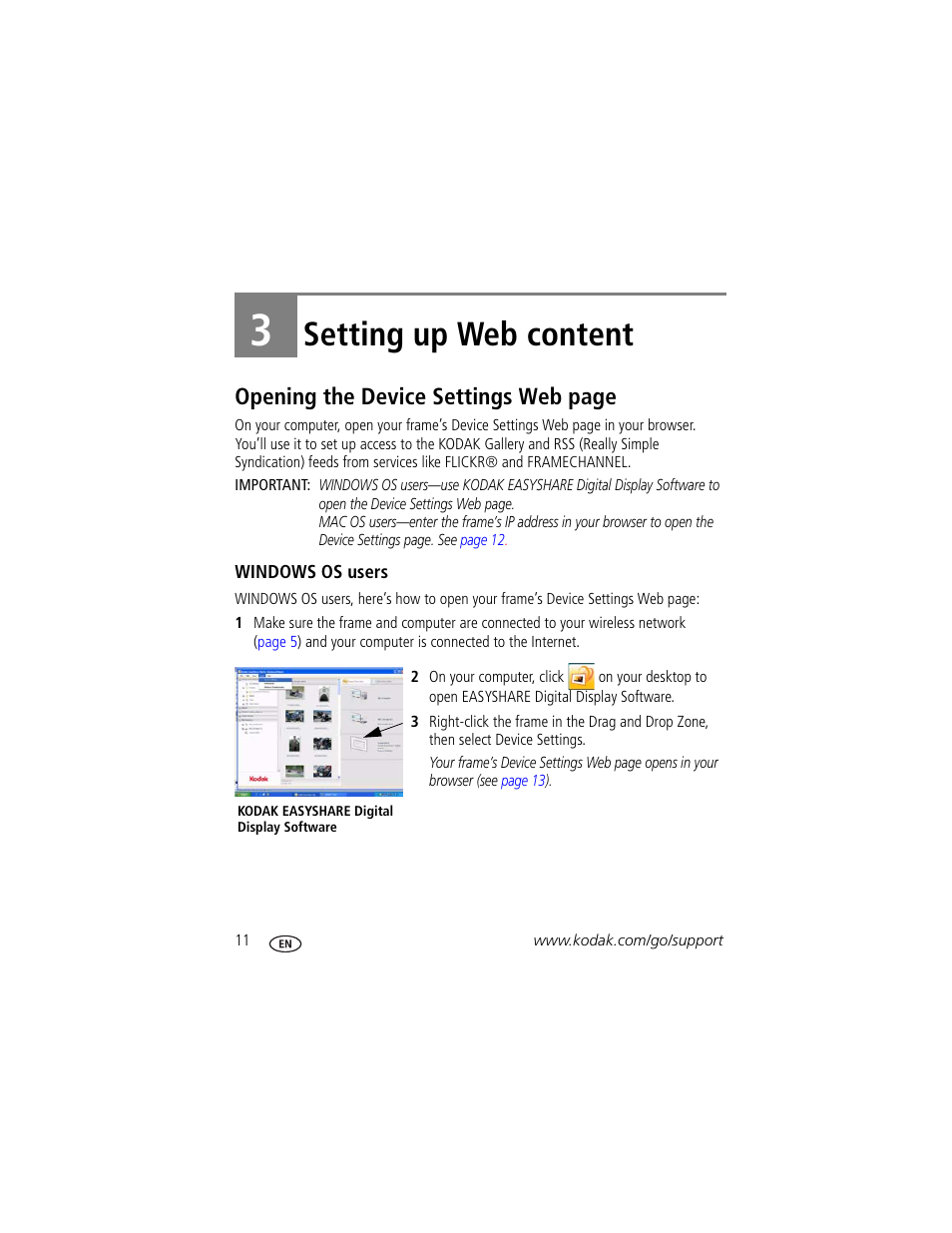 Setting up web content, Windows os users, 3 setting up web content | Opening the device settings web page | Kodak Digital Photo Frame User Manual | Page 18 / 89