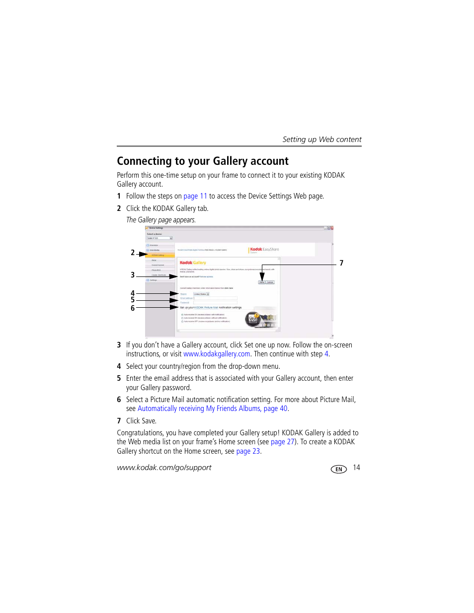 Connecting to your gallery account | Kodak Digital Photo Frame User Manual | Page 21 / 89