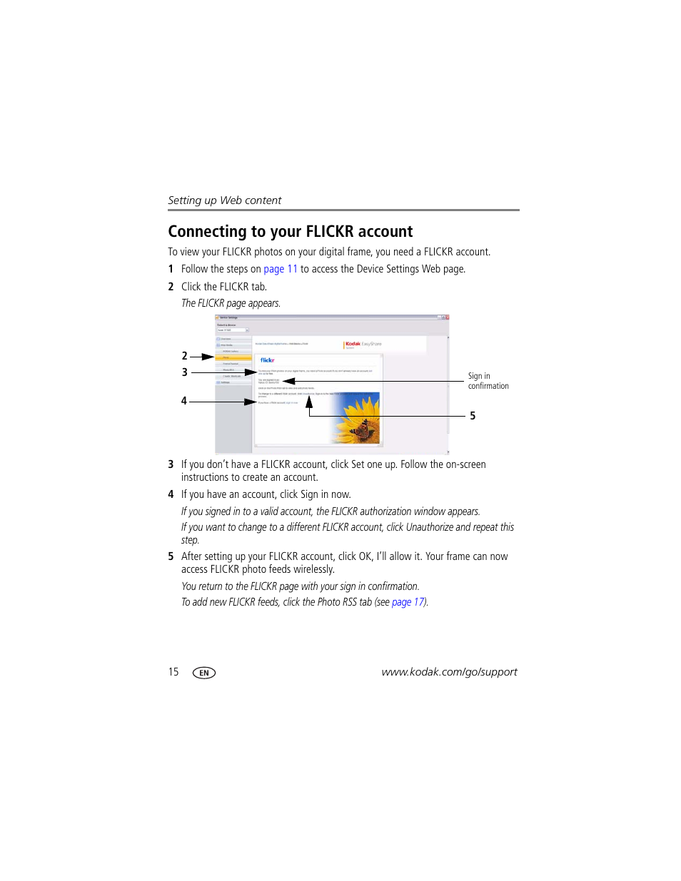 Connecting to your flickr account | Kodak Digital Photo Frame User Manual | Page 22 / 89